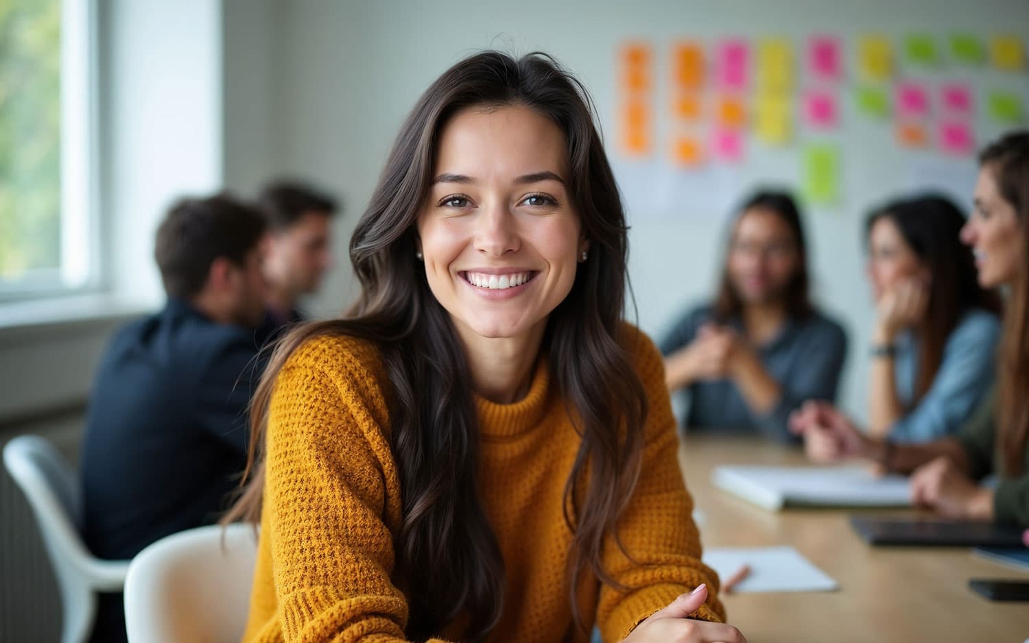 College student smiling at camera sitting in front of other classmates.