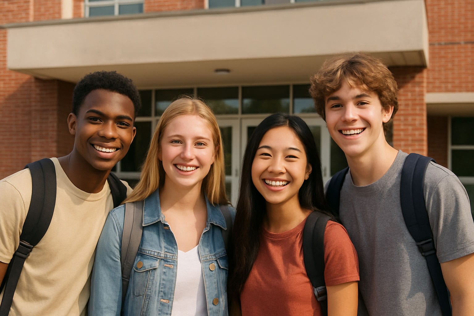 Happy high school freshmen in front of school.