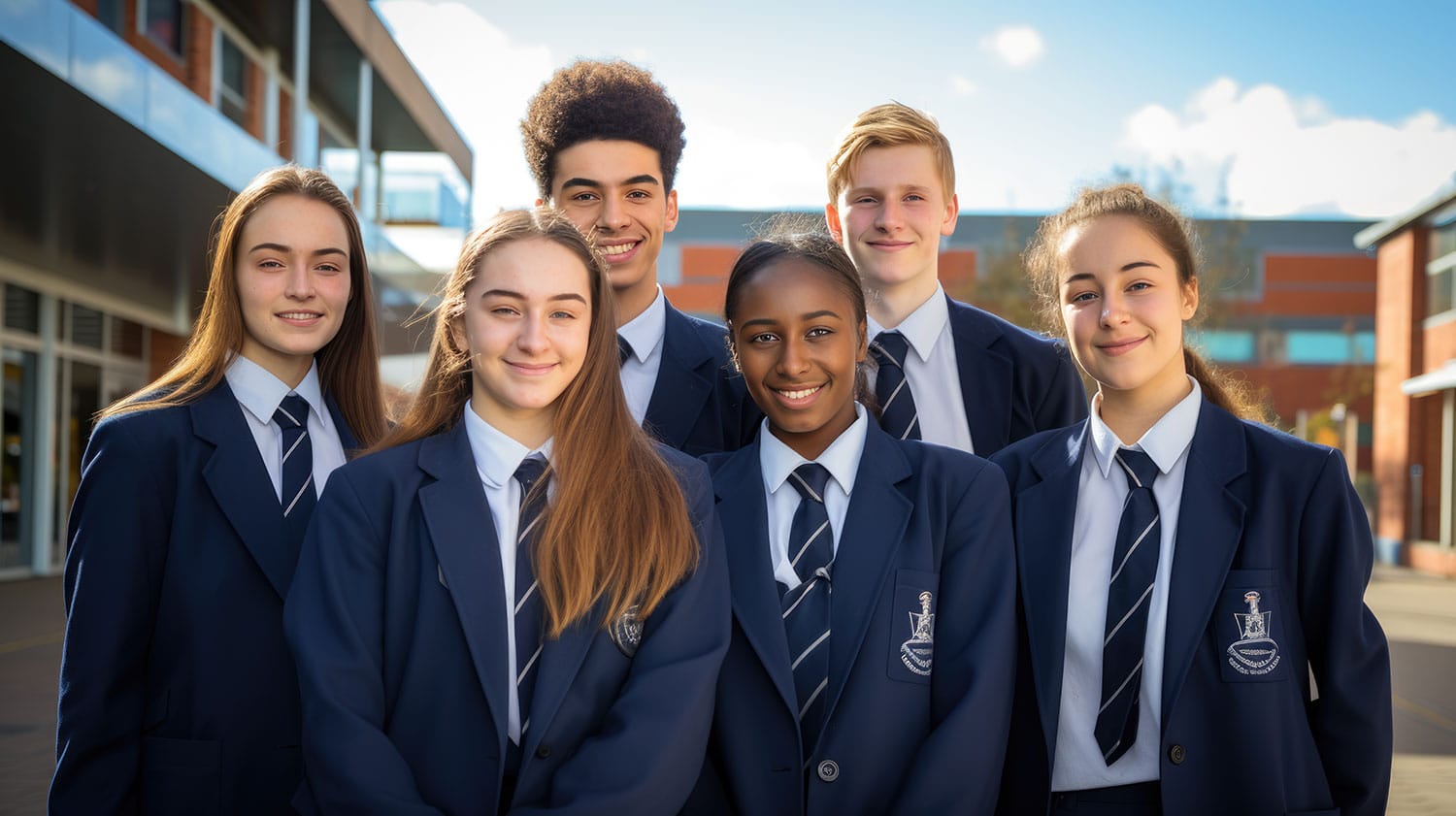 Happy teenagers in prep school wearing school uniforms.
